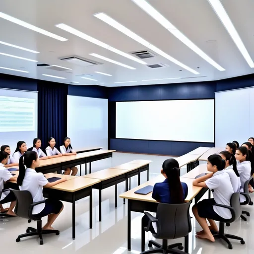 Prompt: Photorealistic image of a hi-tech university classroom, Thai students engaged, big white screen, modern educational setting, realistic lighting, detailed facial expressions, high quality, photorealism, hi-tech, university, Thai students, modern, educational, detailed, realistic lighting