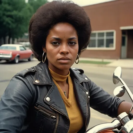 Prompt: 1970s biker african American woman. technicolor old movie film grain scratches dirt and imperfections. film lighting. . very detailed face, proportional face, open eyes, photorealistic, very detailed arms, sharp focus, ultra realistic, ultra detailed, cinematic lighting, photographic, Eastman Kodak Color Negative film 5251 50T shot on panavision super ps . no arms