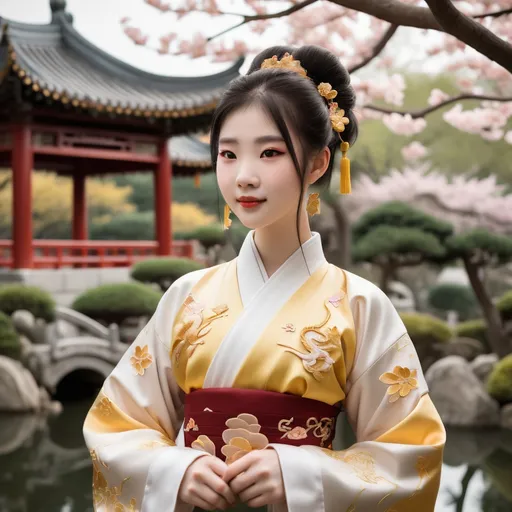 Prompt: O hanfu é detalhado com bordados dourados, representando flores de lótus ou dragões, simbolizando elegância e poder.

Ela está em um jardim tradicional chinês, com pontes curvadas, lanternas de papel e flores de cerejeira ao fundo.

A expressão dela é serena, com um leve sorriso, segurando um leque aberto com desenhos de paisagens.