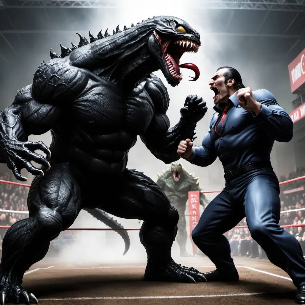 Prompt: venom fighting godzilla and dracula is the referee
