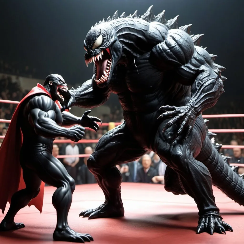 Prompt: venom fighting godzilla and dracula is the referee
