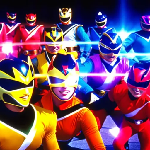 Prompt: A team of original power rangers in epic battle 