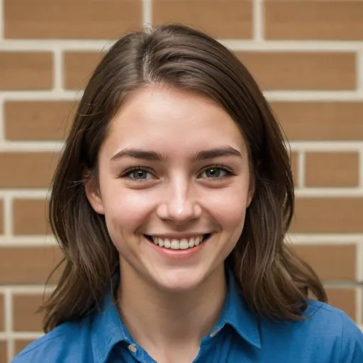 Prompt: a young brown-haired woman wearing a blue shirt and smiling in front of a brickwall