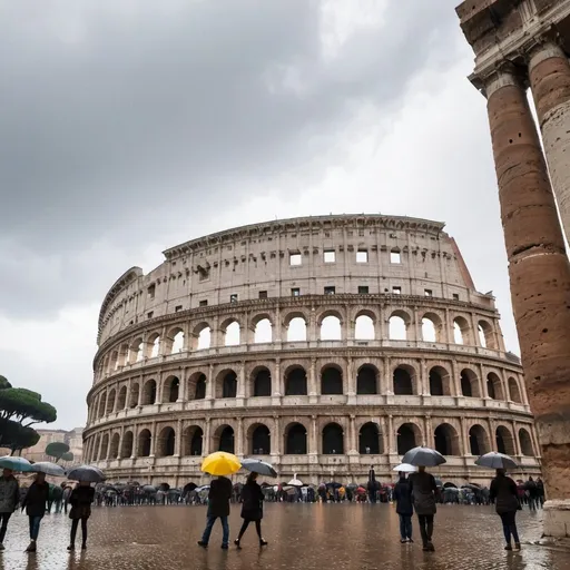 Prompt: Rome Colosseum seen from below on a an overcast and rainy day with people walking around it with open umbrellas