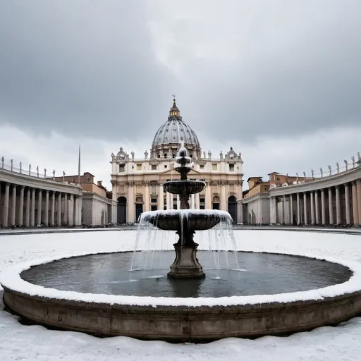 Prompt: St Peter square in Rome, covered in snow with one of the fountains on the foreground with its water frozen, under a gray and overcast sky, no one present