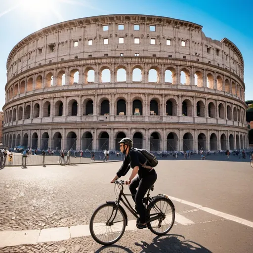 Prompt: Rome Colosseum on a sunny day with a person riding a bycicle and crossing on the foreground from right to left