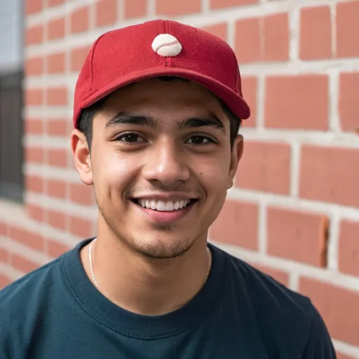 Prompt: Young Latino man smiling in front of a brickwall and wearing a red baseball cap