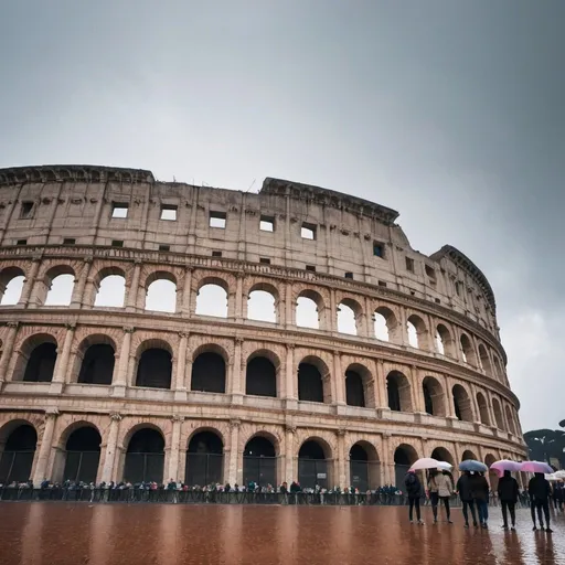 Prompt: Rome Colosseum seen from below on a rainy day with people walking around it with open umbrellas