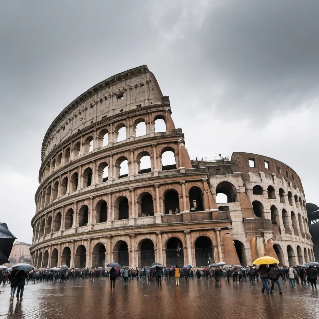 Prompt: Rome Colosseum seen from below on a an overcast, gusty and rainy day with people walking around it with open umbrellas