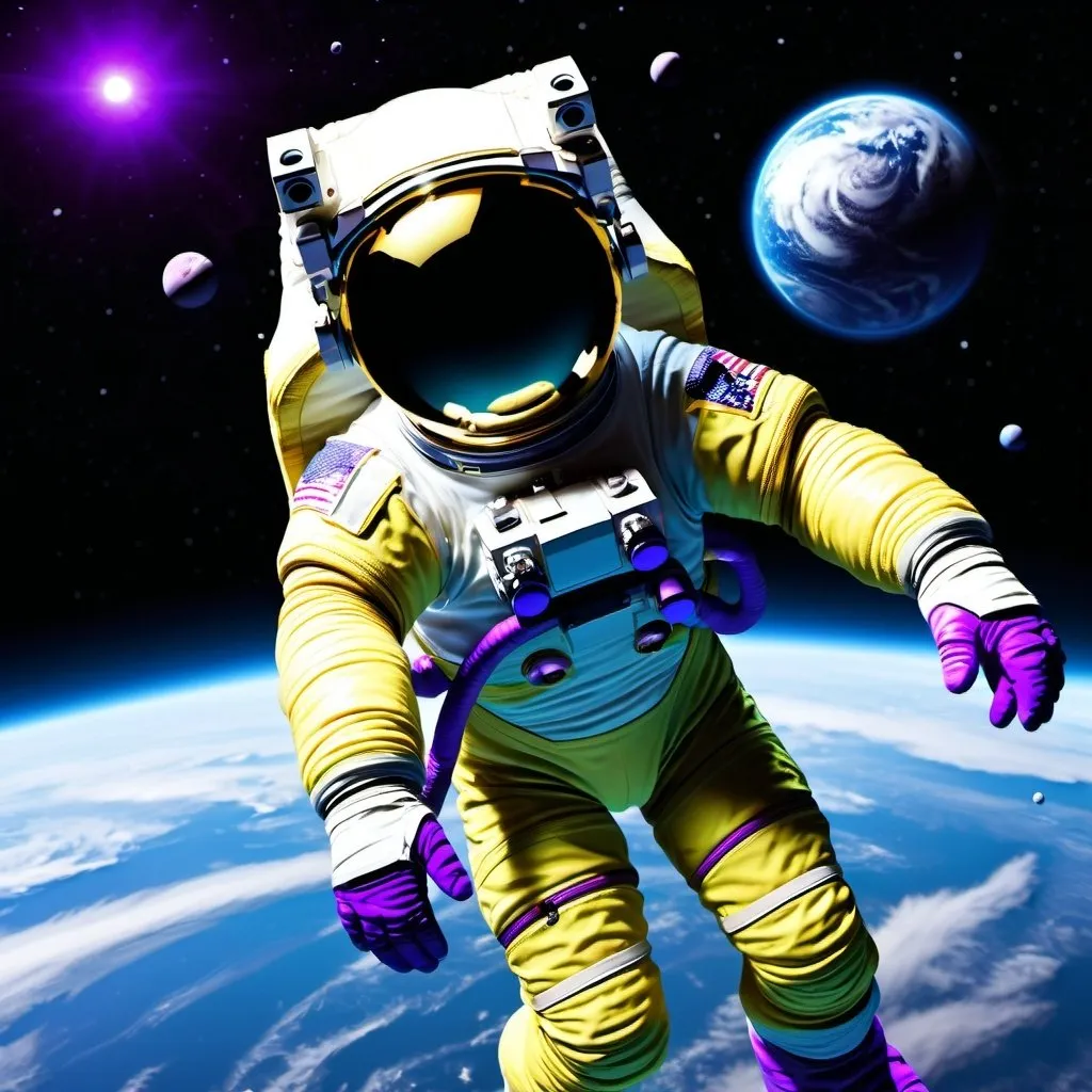 Prompt: create a yellow blue an purple image of an astronaut floating in space with the zoomed out planet earth including its satellites in the background that i can use for desktop background in Microsoft. 