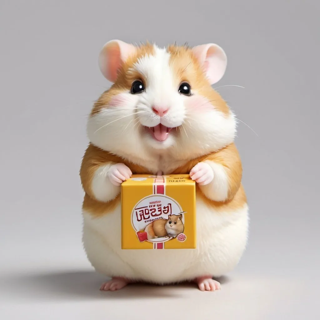 Prompt: Realistic  of a chubby hamster, holding a square box,  cheerful smile, white background, high quality, realistic, detailed fur, cute, chubby cheeks, food-filled cheeks, standing posture, square box, adorable, bright lighting