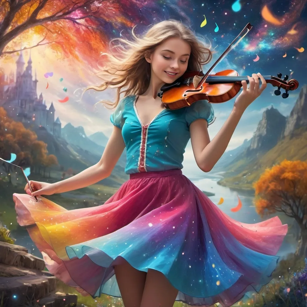 Prompt: Magic girl in a short skirt play crazy violin