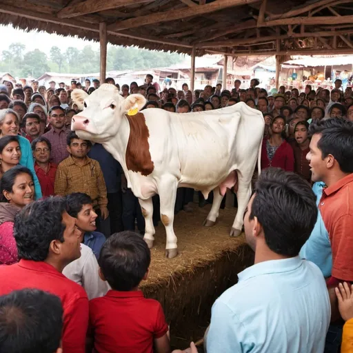 Prompt: Cow singing in front of crowded people