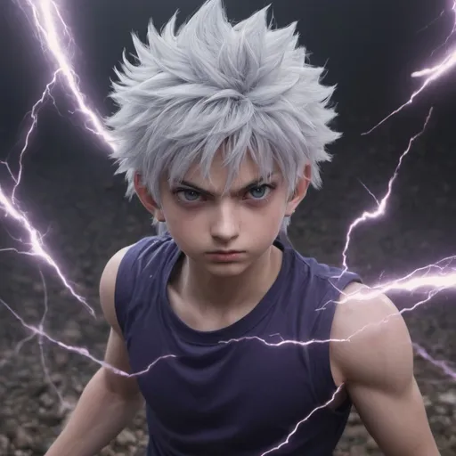 Prompt: Killua in assasin mode, lightning thunder aura, background broken glass, hyper realistic. 