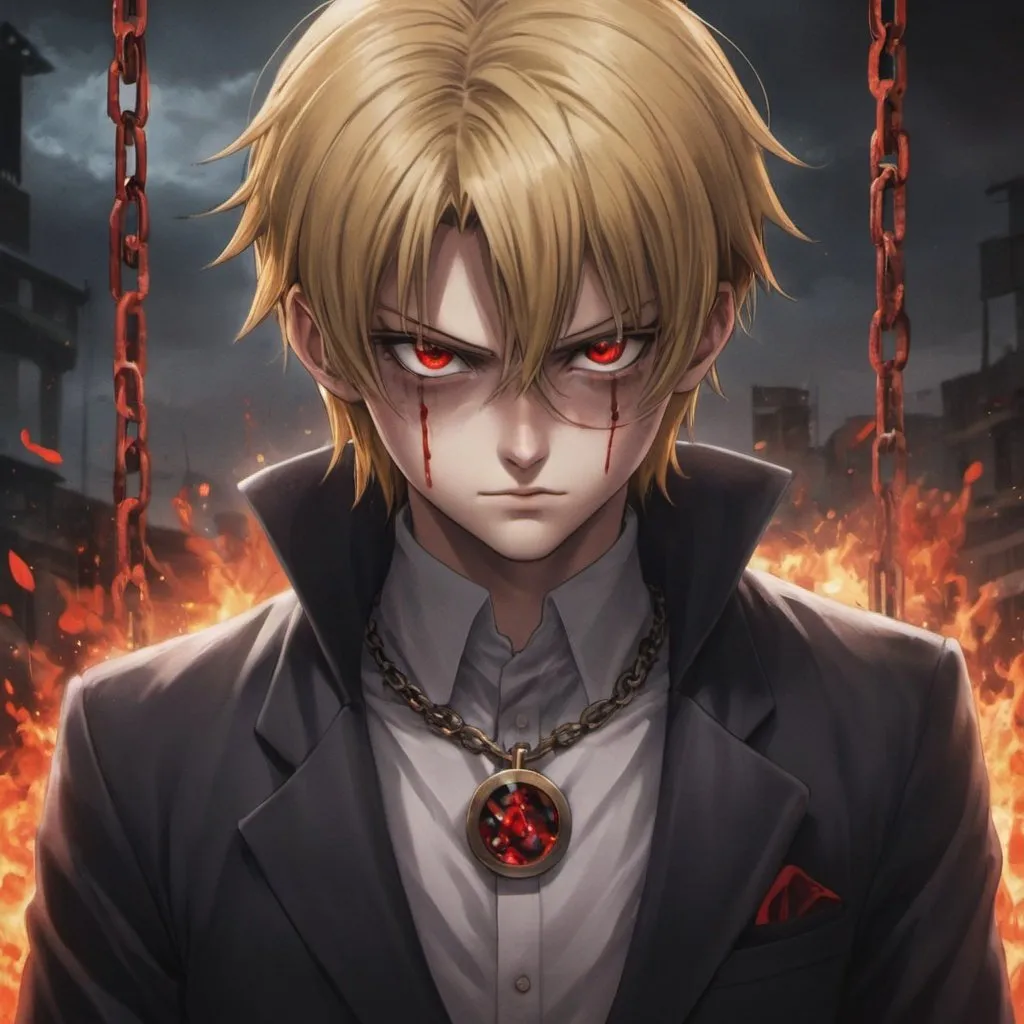 Prompt: Red eyes kurapika, Chain Jail with blood and fire aura, background chrollo lucilfer and hisoka beneath the death, hyper realistic. 