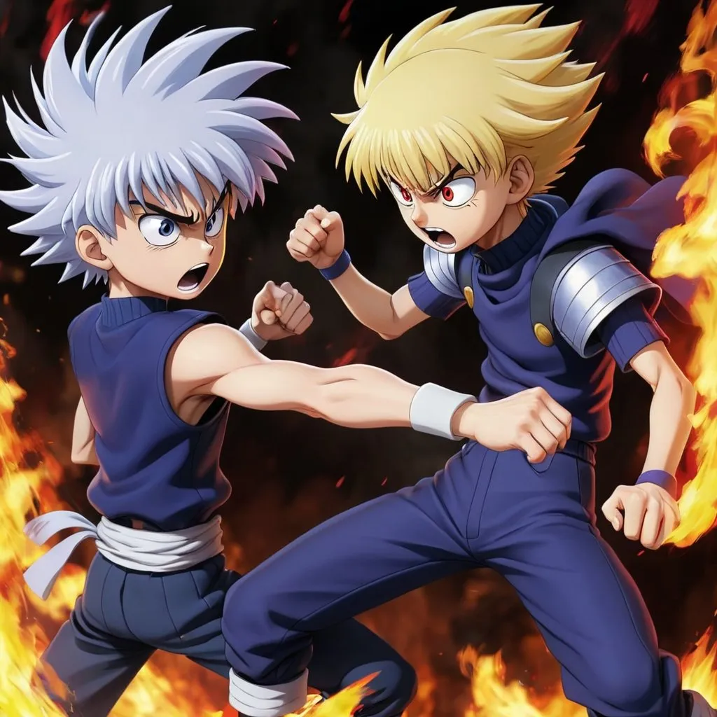 Prompt: Killua and Kurapika fighting, Thunder and Fire Aura