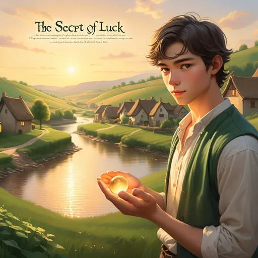 Prompt: "A serene countryside village with rolling green hills, a sparkling river, and a golden sunset in the background. In the foreground, a young man holds a small, glowing stone in his hand, symbolizing luck and hope. The scene is warm and inspiring, with soft sunlight illuminating the landscape. The text 'The Secret of Luck' is displayed prominently in elegant, handwritten font. The overall mood is peaceful and motivational, with vibrant colors and a sense of positivity."