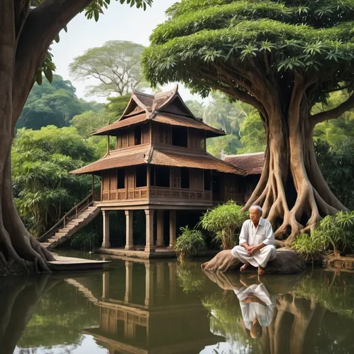 Prompt: Sebuah rumah usang ditepi tasik dibelakang rumah terdapat pokok beringin yang rendang. Ade seorang ayah tua melayu xuduk ditangga rumah. Dihadapan rumah ade sebiji tempayang bewarna perang