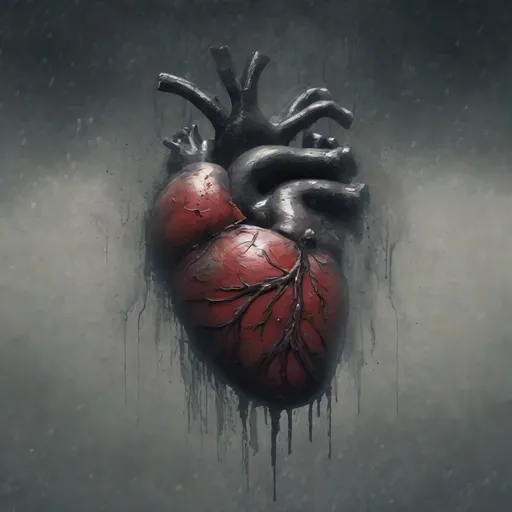 Prompt: Creepy paint of a human heart inside a skullvoult under the rain. Dust effect, dark muted color, artistic, horror.
