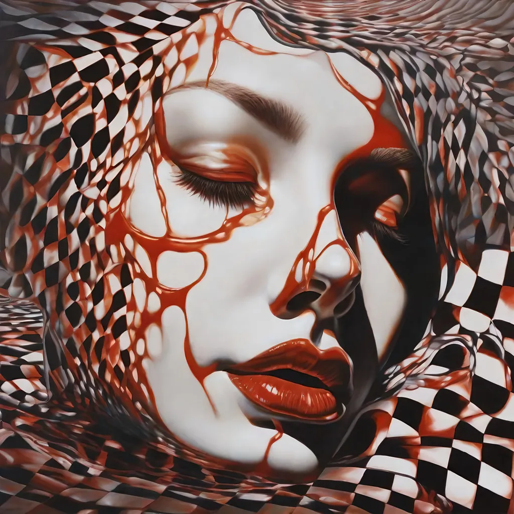 Prompt: Image of a surrealistic depiction of a human, partially submerged and seemingly melded into a checkerboard. Liquid blood, resembling molten veins, pours onto the face, distorting its features further. The play of light accentuates the fluidity and reflective qualities of both.