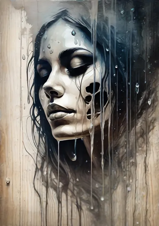 Prompt: Artistic painting of a skullgirl ghost and spirit under artistic rain whit water drop effect, psicotic mood and creepy onirical dettail, muted color, centered, horror style pencil and wood carving