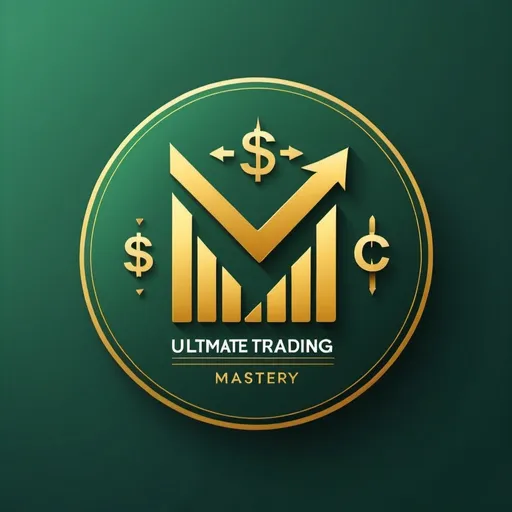 Prompt: "Ultimate Trading Mastery," a course on trading. The logos should be vibrant, fairly simple and minimalistic. Use a color palette of green and gold, and include elements like an upward-pointing arrow or a line graph symbolizing growth, currency symbols like $, representing different markets (Forex, stocks, crypto), and a checkmark denoting proven strategies. The typography should be modern, clean, and bold to convey confidence and expertise, with the course name "Ultimate Trading Mastery" prominently displayed