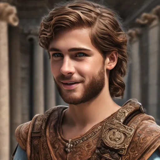 Prompt: "Create a photorealistic portrait of a handsome man dressed as an ancient Roman, with brown hair. 
With a book in his hands,
smiling. The portrait should be in vivid color, capturing the details of his clothing and the expression on his face. F1.4"