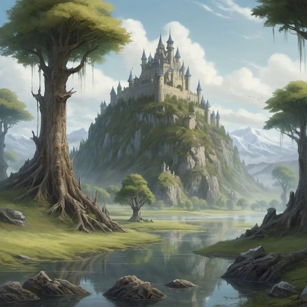 Prompt: A painting of a fantasy kingdom. On the west is a swamp, with fog hovering above the water and large trees with knobby roots. On the east are hills and cliffs, separating the kingdom from a huge sea. To the north is a snowy, forested mountain range. To the south in sprawling plains, and a large wall is built to protect the kingdom from this open area. There is a large castle in the northeastern part of the kingdom, with small villages dotted throughout the rest, with simple roads.