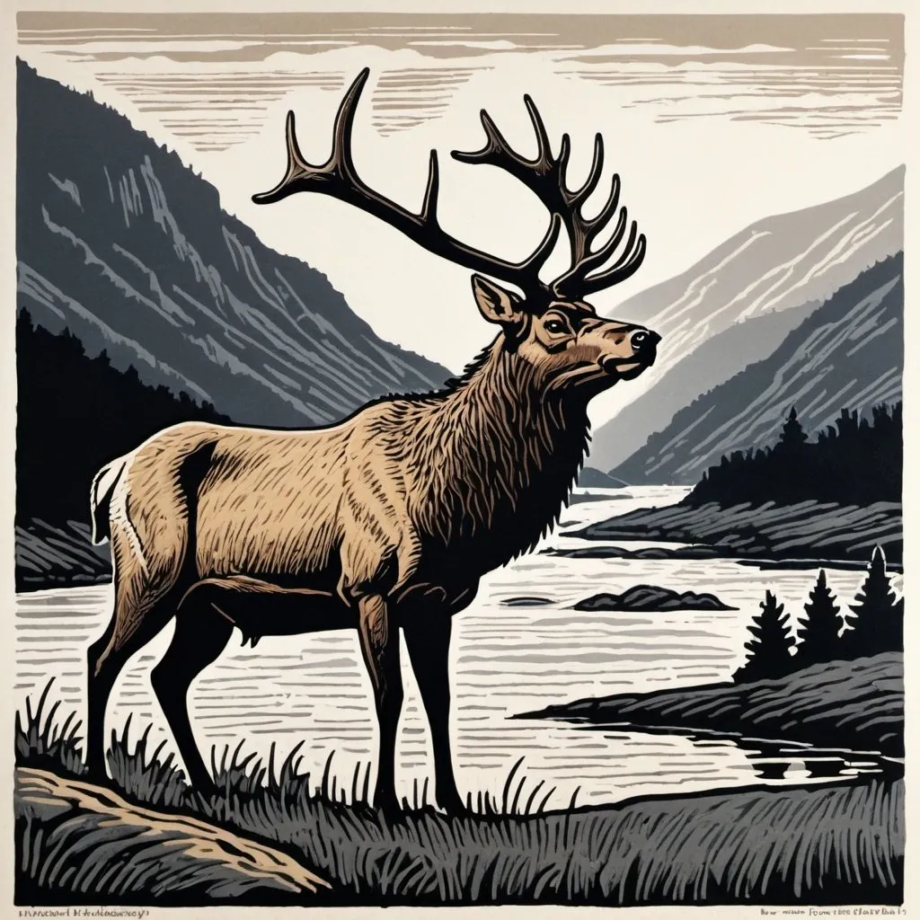 Prompt: A linocut of a proud, majestic male elk standing. He is facing to the left, his body about 3/4 turned toward us.  There are gently rolling hills in the background. We can see all of his antlers. There is a river with a small rapids, a bluff line in the background.
