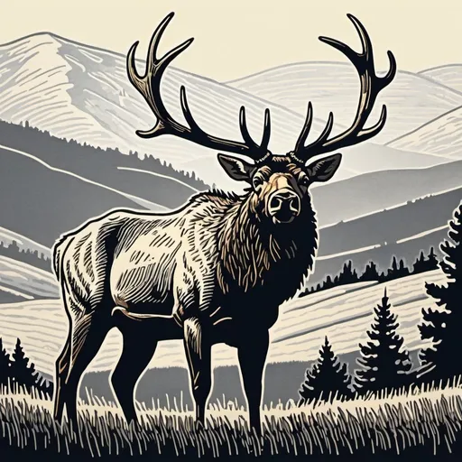 Prompt: A linocut of a proud, majestic bull elk with gently rolling hills in the background.
