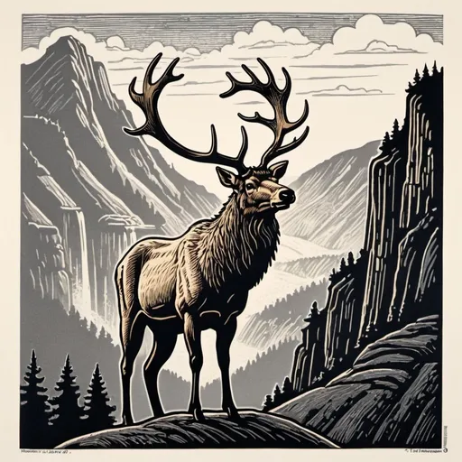 Prompt: A linocut of a proud, majestic male elk standing on a peak. He is facing to the right, his body about 3/4 turned toward us. His face is turned toward us. There are gently rolling hills in the background. We can see all of his antlers. There is a waterfall and a bluff line in the background.
