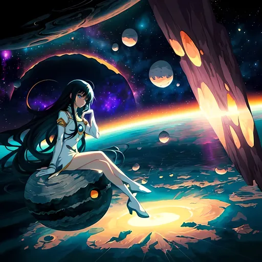 Prompt:  long black haired anime girl sitting on an asteroid in space, serene, beautiful, surreal, cartoon stars in the background, horizon, vibrant colors, peaceful atmosphere, surreal landscape, high quality, cartoon style, dreamy lighting, cosmic, colorful, starry background, space art