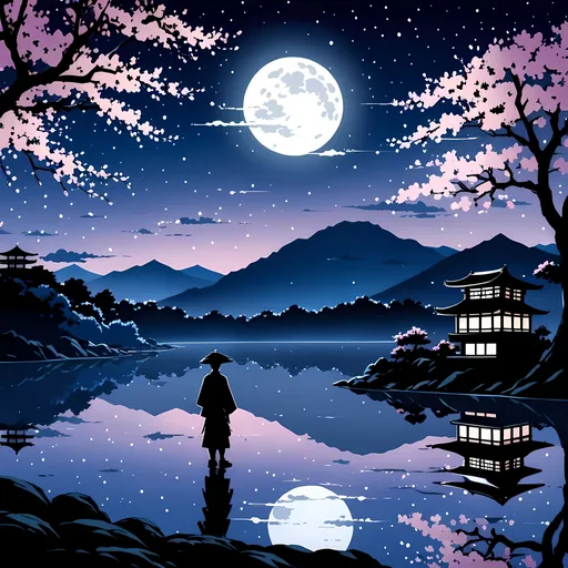 Prompt: Anime illustration of a man standing next to a cherry blossom tree at night, overlooking a lake, silhouette, serene atmosphere, moonlit reflection, detailed night sky, traditional Japanese art style, serene, highres, anime, cherry blossom, serene atmosphere, traditional, moonlit, detailed silhouette, night scenery, reflective lake