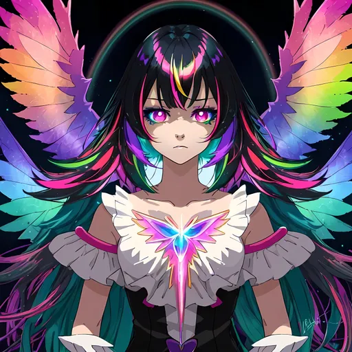 Prompt: Magical girl with rainbow highlights, sleek black hair, vibrant and glowing rainbow highlights, magical girl transformation, high quality, digital art, fantasy, colorful, vibrant lighting, detailed eyes, anime style, magical, mystical, pastel tones, ethereal lighting, rainbow wings, minimalist