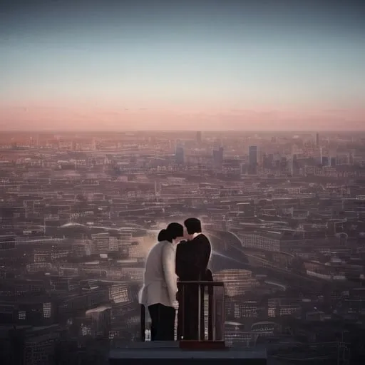 Prompt: Background of the image the city of London and over the city a couple kissing madly and sensually surrealistic with romantic
