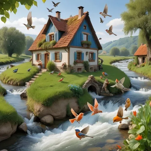 Prompt: house in the countryside with dwarf animals, birds and a beautiful river with fish jumping and running