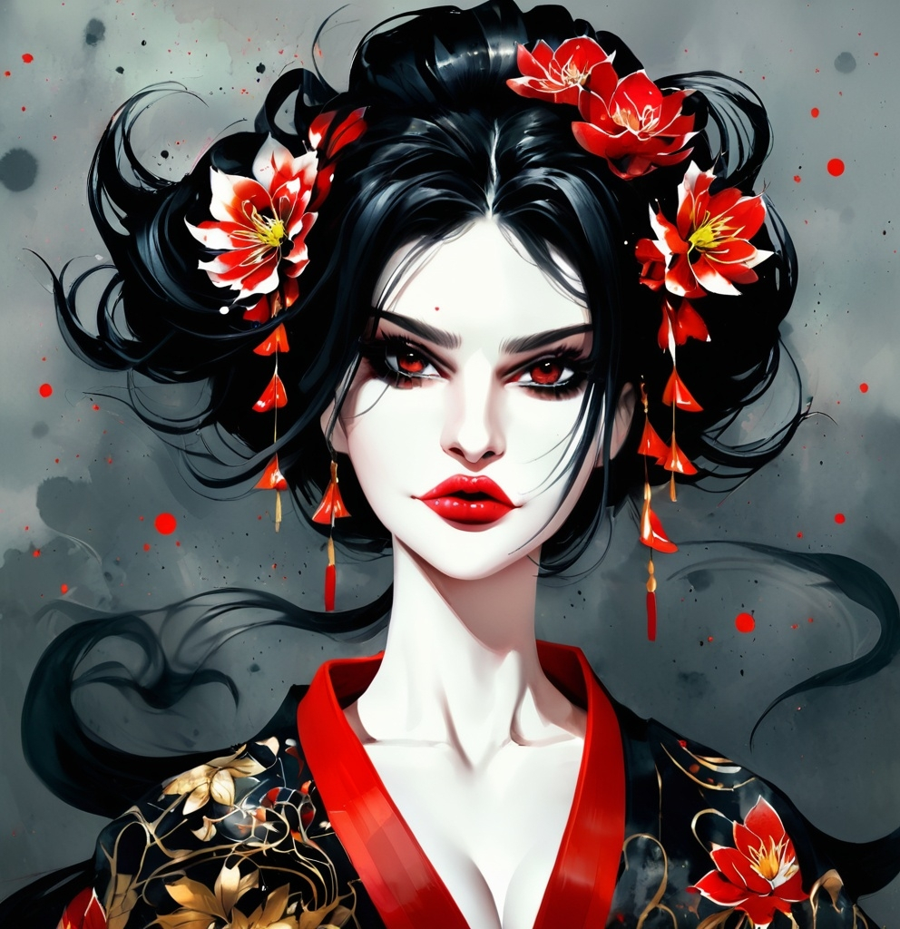 Prompt: digital watercolor painting, a woman wearing an intricate kimono, she has jet black hair and dark eyes with dark makeup and lipstick, paint splatter, black and red, bold brush strokes, art nouveau