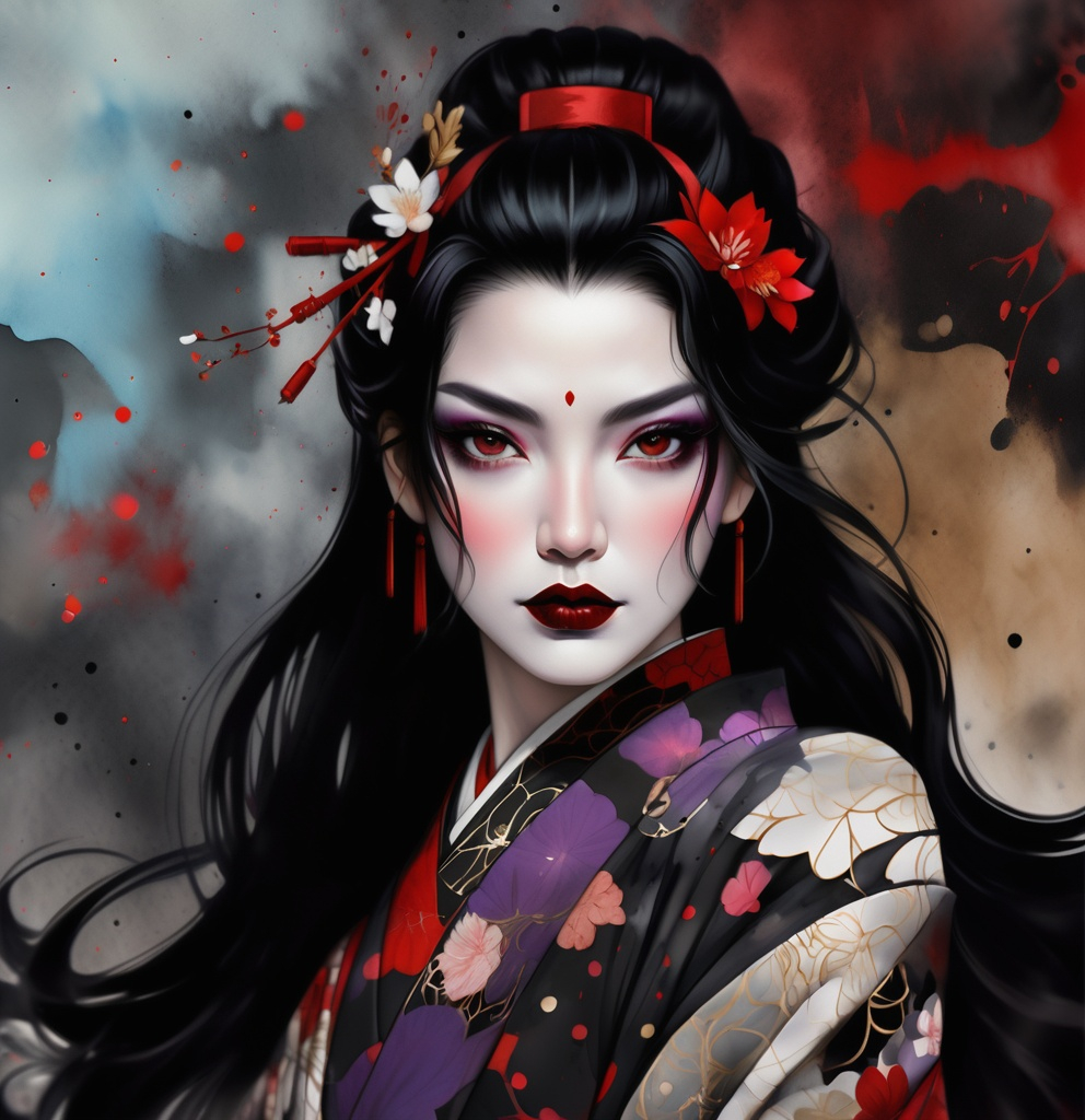 Prompt: digital watercolor painting, a woman wearing an intricate kimono, she has jet black hair and dark eyes with dark makeup and lipstick, paint splatter, black and red, bold brush strokes, art nouveau