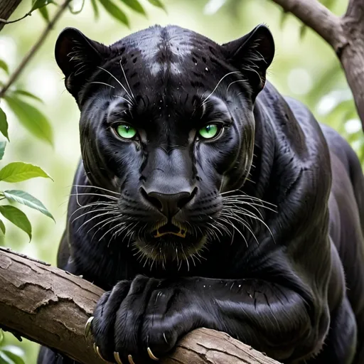 Prompt: fierceful black panther animal in a tree with green eyes 

