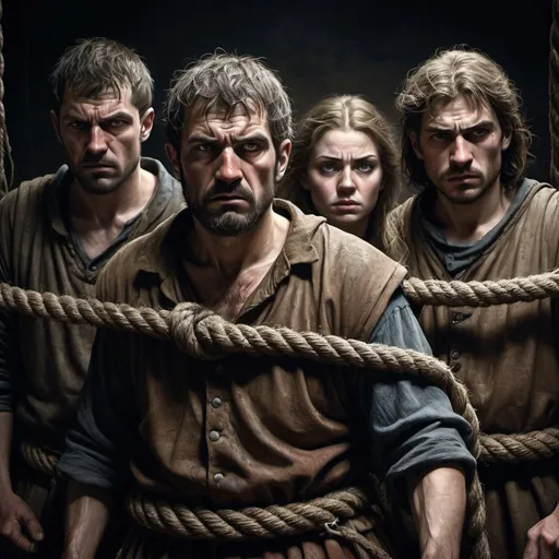 Prompt: Medieval illustration of four people arrested with ropes, gritty and realistic, dark and ominous atmosphere, detailed facial expressions, rugged and weathered ropes, intense and dramatic lighting, high quality, realistic, gritty, detailed facial expressions, medieval, ominous atmosphere, dramatic lighting, rugged ropes, realistic style