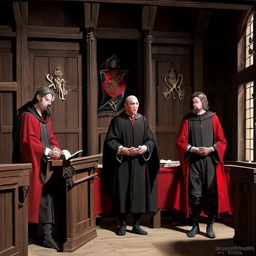 Prompt: Medieval courtroom, three men judges one older int the center
, black and red robes, intricate details, high quality, medieval painting, dramatic lighting