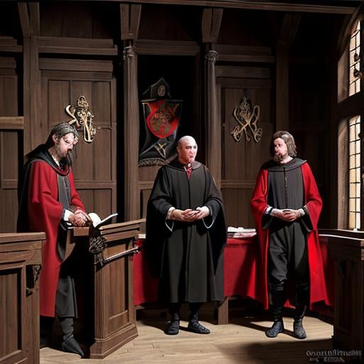 Prompt: Medieval courtroom, three men judges one older int the center
, black and red robes, intricate details, high quality, medieval painting, dramatic lighting