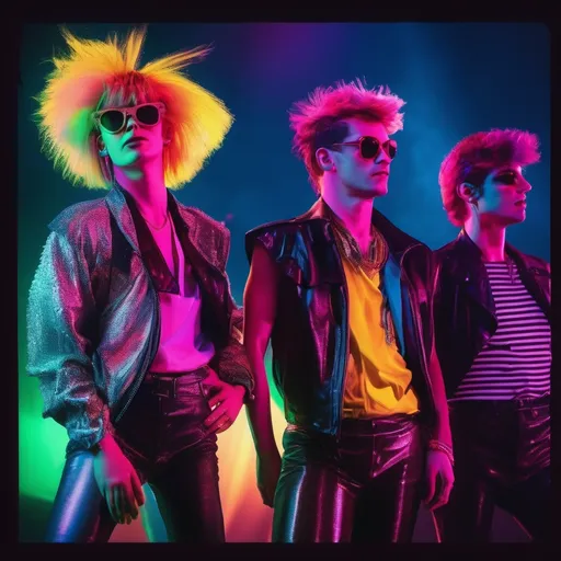 Prompt: (new wave band), 1980s aesthetic, vibrant neon colors, retro fashion, dynamic poses, dramatic lighting, synthesizers, colorful stage backdrop, energetic atmosphere, moody yet cheerful vibe, iconic hairstyles, synth-pop influences, vintage concert vibe, ultra-detailed, HD quality.