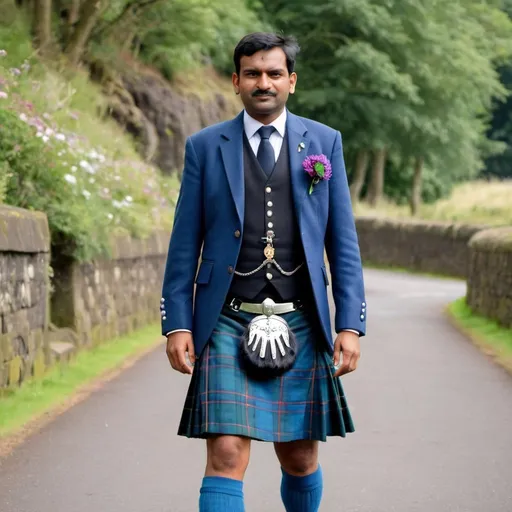 Prompt: An Indian man wearing a kilt with the flower of Scotland tartan pattern
