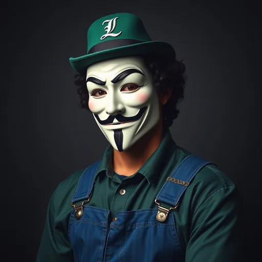 Prompt: An Italian man with curly black hair wearing blue overalls and a long green shirt. He is also wearing a Guy Fawkes Vendetta mask with a pale white face, mustache, and goatee. On his head, he has a green fedora with the letter 'L' on it. The man has an expression of determination, and the background is slightly dark, giving a mysterious vibe. The overall aesthetic is bold and symbolic, with a touch of rebellion