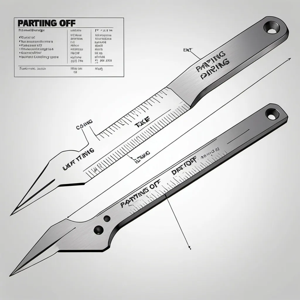 Prompt: Parting-off ToolDrawing: A long, slender tool with a sharp, narrow cutting edge at one end.Labels: Cutting edge, shank, rake angle, clearance angle.