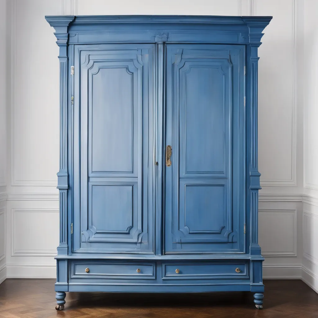 Prompt: A front or forward facing blue armoire sitting against an empty white backdrop