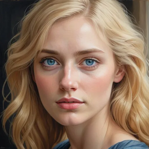 Prompt: Realistic portrait of a blonde woman, blue eyes, narrow face, bold, angular jawline reminiscent of pre-Raphaelites' style.”, high quality, realism, detailed features, natural lighting, soft color palette, lifelike rendering
