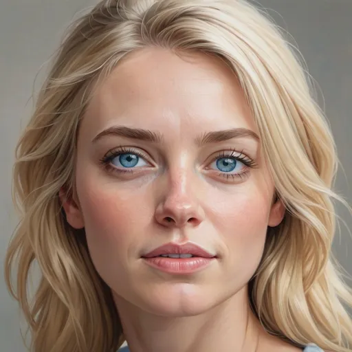 Prompt: Realistic portrait of a blonde woman, blue eyes, sharply sloped jawline, prominent chin, high quality, realism, detailed features, natural lighting, soft color palette, lifelike rendering