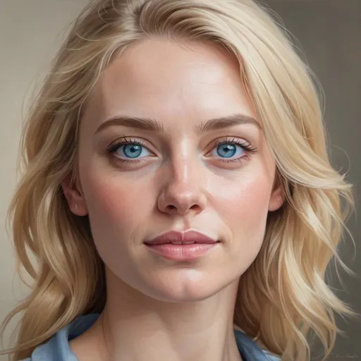 Prompt: Realistic portrait of a blonde woman, blue eyes, sharply sloped jawline, prominent chin, high quality, realism, detailed features, natural lighting, soft color palette, lifelike rendering